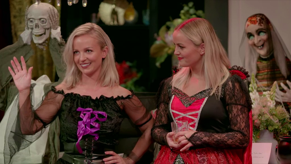 Elly and Becky Miles bared all during Truth or Dare while wearing witch costumes. Source: Network Ten.