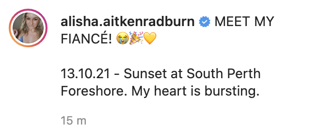 Alisha revealed that Glenn popped the question on Wednesday, October 13. Source: Instagram @alisha.aitkenradburn.