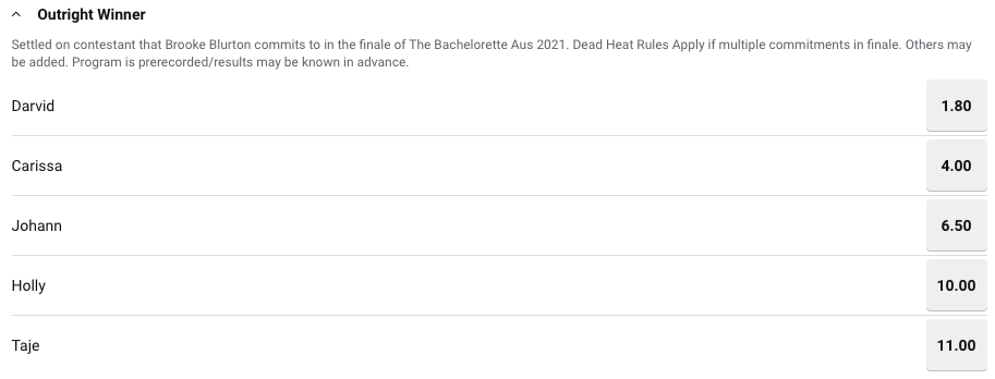 Betting odds have Darvid Garayeli slated to win Brooke Blurton's heart on The Bachelorette Australia. Source: Sportsbet.