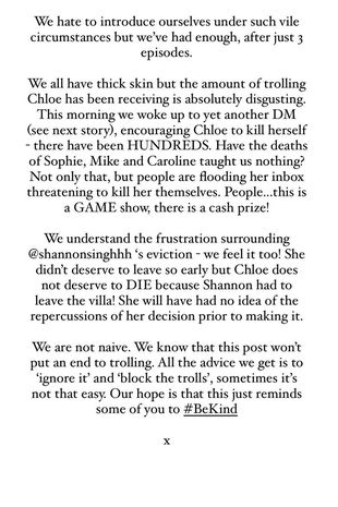 Love Island's Chloe Burrows' family issued a warning on Instagram. Source: Instagram @chloeburrows.