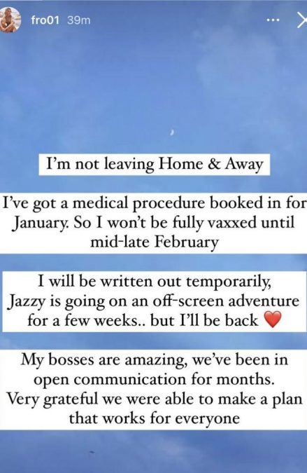 Sam Frost has released a statement saying she will be "written out temporarily" from Home and Away. 