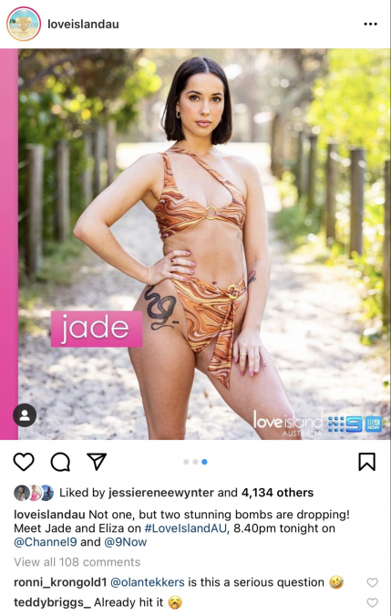 Love Island Australia 2018 contestant Teddy Briggs was spotted leaving a slimy comment on a post featuring bomb Jade Ashelford.