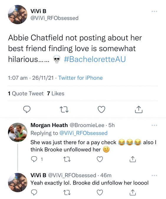 Abbie Chatfield snubbed her friend Brooke Blurton after appearing on The Bachelorette Australia 2021 finale on Thursday night. Source: Instagram.