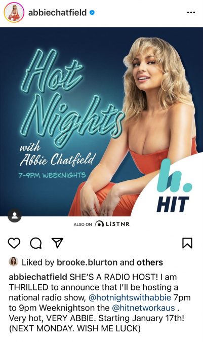 Brooke Blurton was spotted showing her support for Abbie Chatfield's radio show. Source: Instagram.