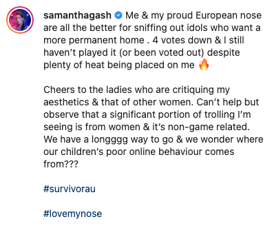 Sam Gash survivor australia trolling comment