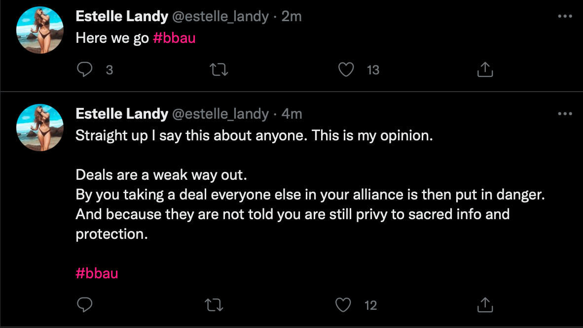 Twitter Estelle Landy deals Big Brother