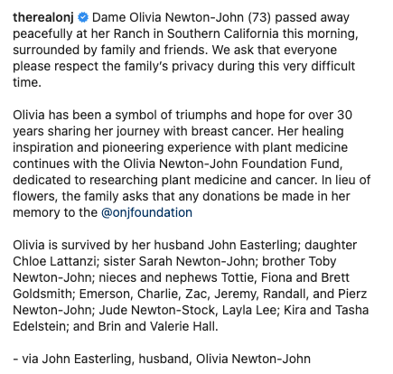 olivia newton-john death announcement