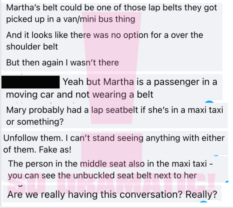 Martha Kalifatidis Mary no neatbelt controversy social media comments 