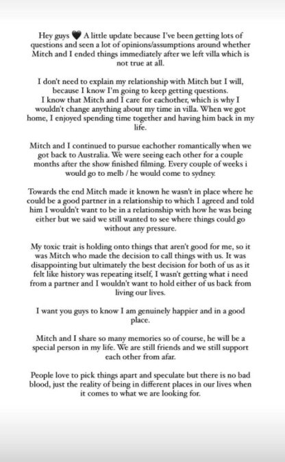tina provis statement mitch love island breakup