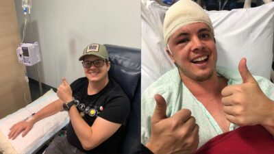 Two photos side by side showing Johnny Ruffo in hospital