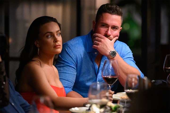 bronte schofield harrison boon looking intense at a married at first sight dinner party