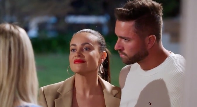 bronte schofield and harrison boon looking smug the married at first sight couples' retreat