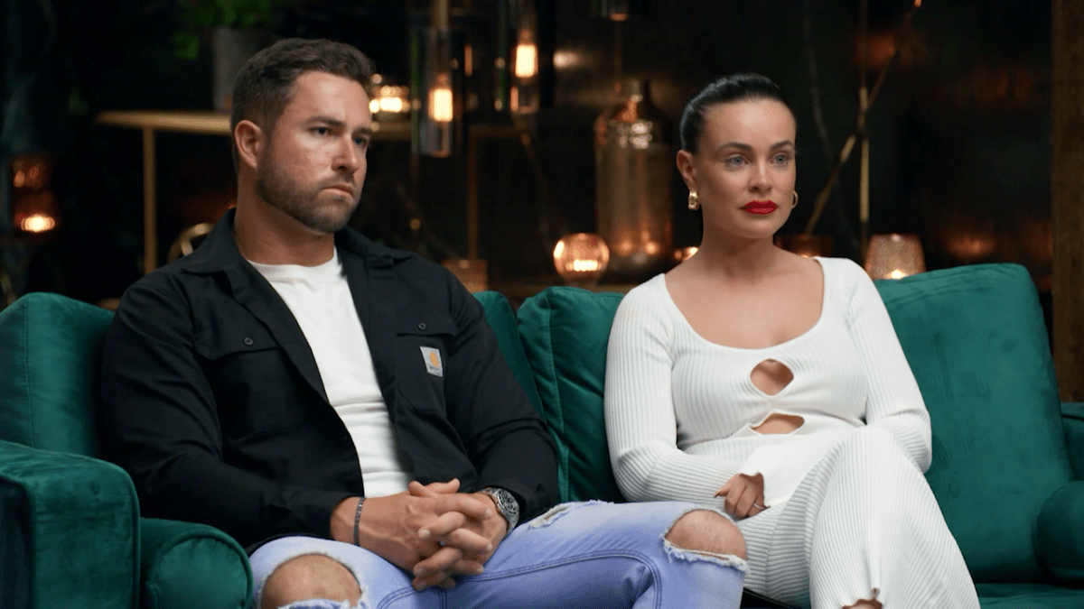 Harrison Boon and Bronte Schofield on the green couch during Married at First Sight