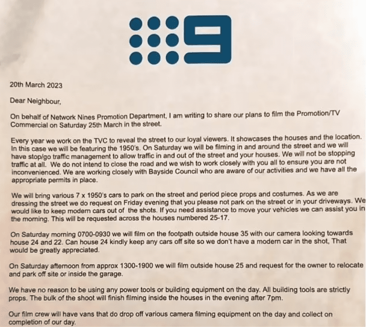 Letter to residents of charming street from The Block and Channel Nine