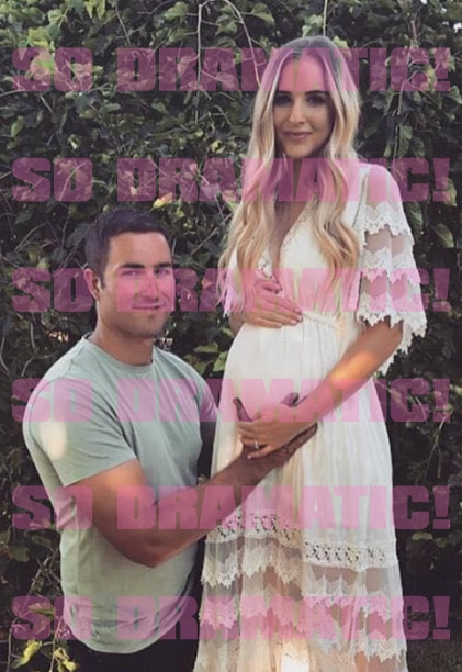 married at first sight 2023's harrison boon with ex sophie. sophie is in a white dress and harrison is in a green t-shirt kneeling beside her, cradling her baby bump.