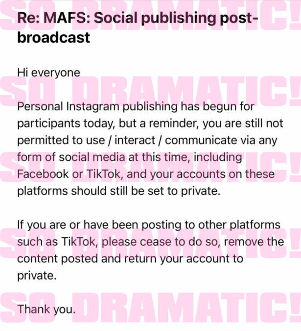 MAFS contestants receive a threatening email from producers reminding them about the social media ban as participants go rogue 