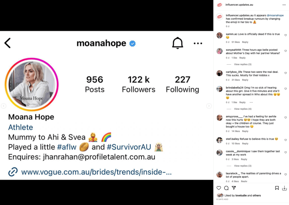australian survivor moana hope instagram bio change