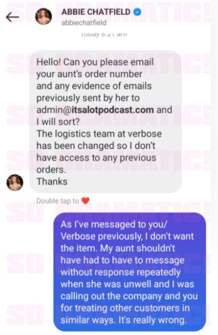abbie chatfield message verbose customer